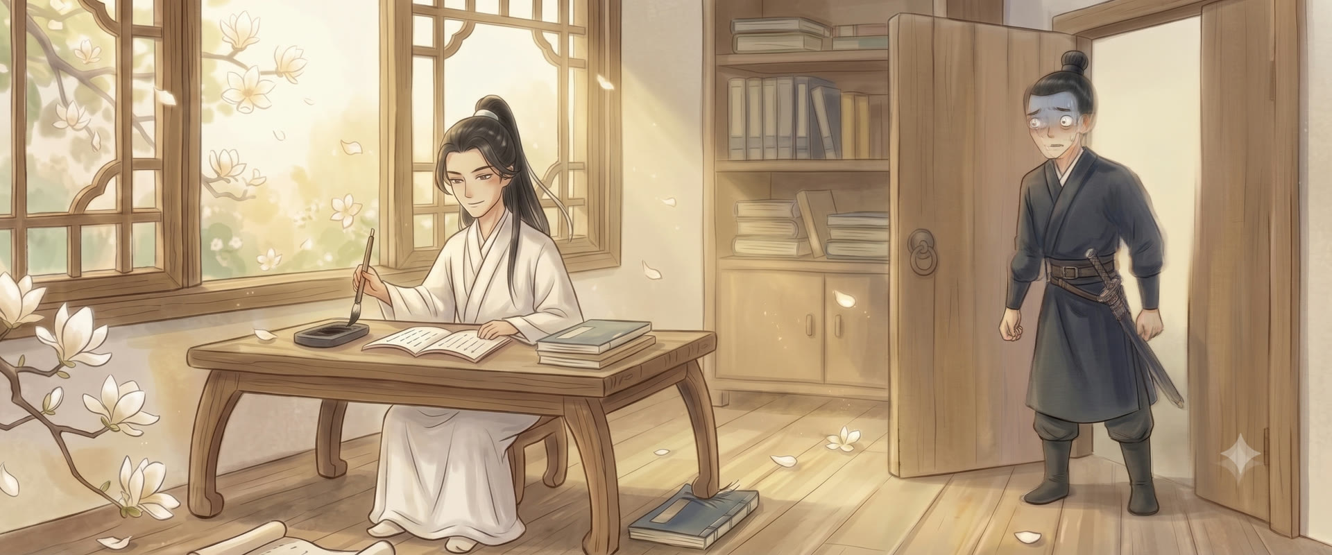 일러스트 — 높이 묶은 머리에 흰 유생 도포 차림으로 태연히 붓을 든 사정, 서안 다리 밑에 깔린 파란 병법서, 문가에 칼을 찬 채 얼어붙은 호위 사오